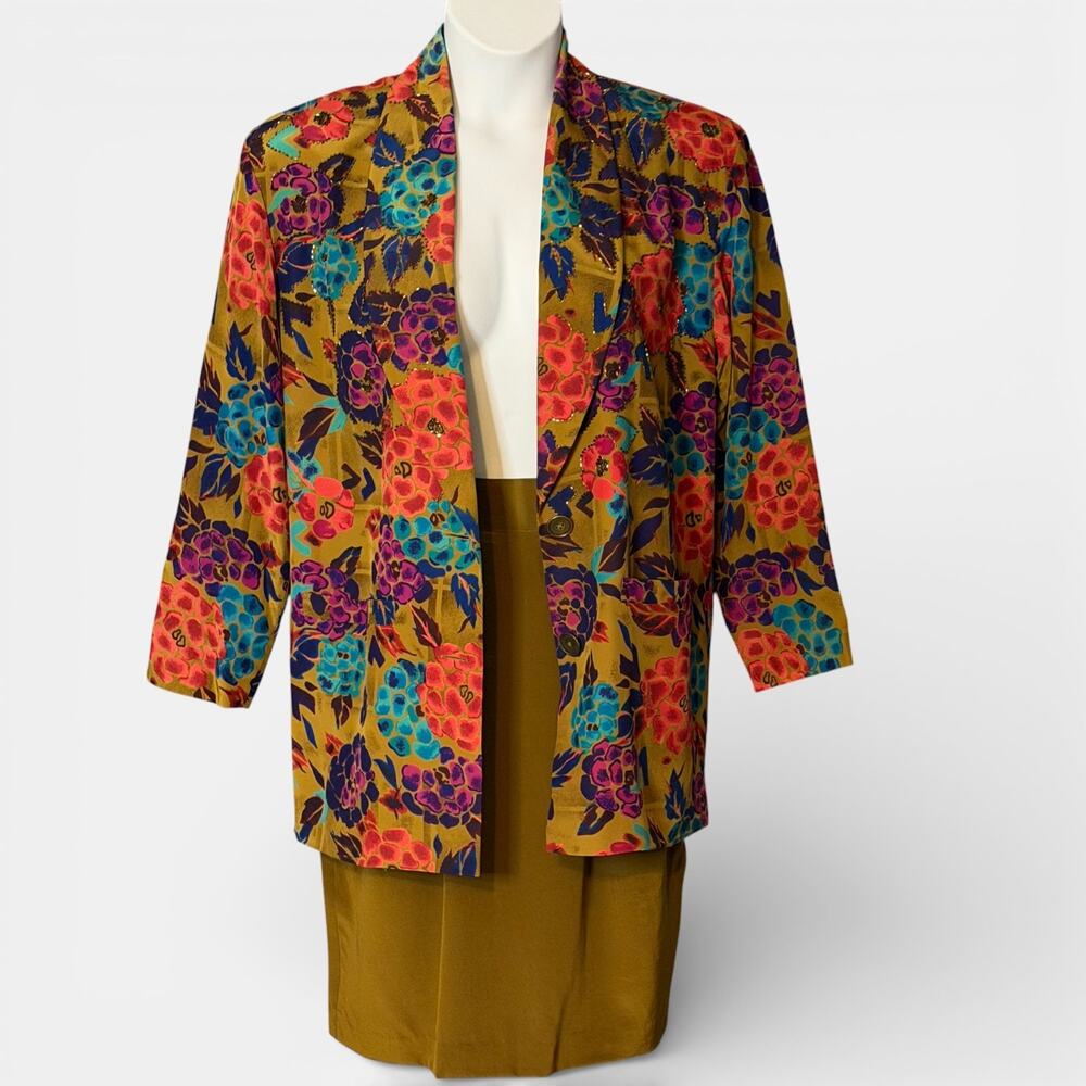 Vintage 90s I.B. Diffusion Silk Skirt Suit Medium Beaded Floral Jacket Oversized